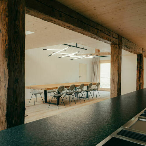 Der gro�z�gige Entertainment Bereich mit unserer professionellen K�che aus Rohstahl mit hochwertigen GAGGENAU-Ger�ten, einem Essbereich mit einem 4 Meter langen Eichentisch.